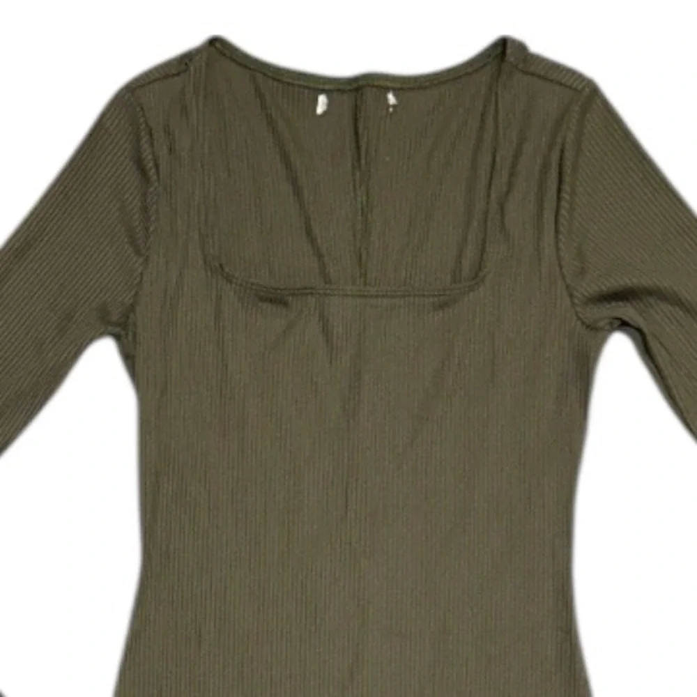 Abercrombie & Fitch Ribbed Square Neck Maxi Dress Olive Green Long Sleeve